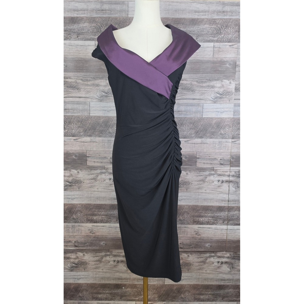 Joseph Ribkoff Black Purple Portrait Collar Ruched Sheath Cocktail Dress Size 6